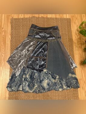 Bershka Blue and Silver Mixed-Media Patchwork Maxi Skirt